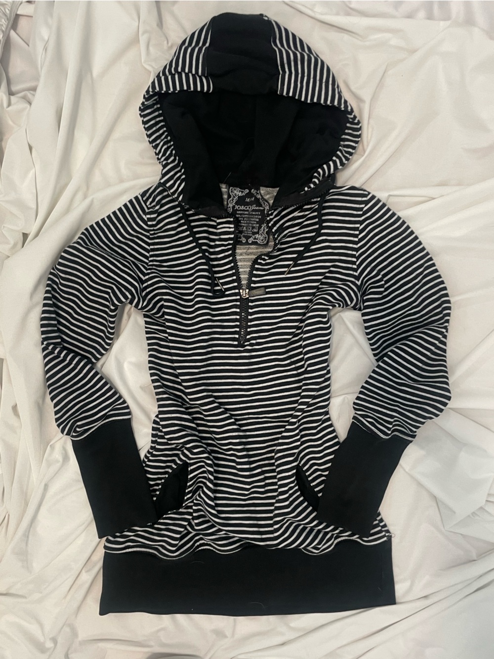 Jo&Co Jeans; Black and White Striped Half-Zip Hooded Sweatshirt